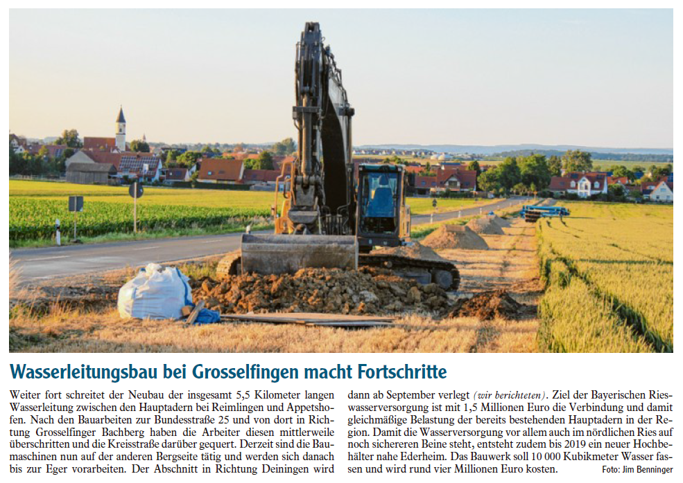 Artikel Wasserleitungsbau bei Grosselfingen macht Fortschritte